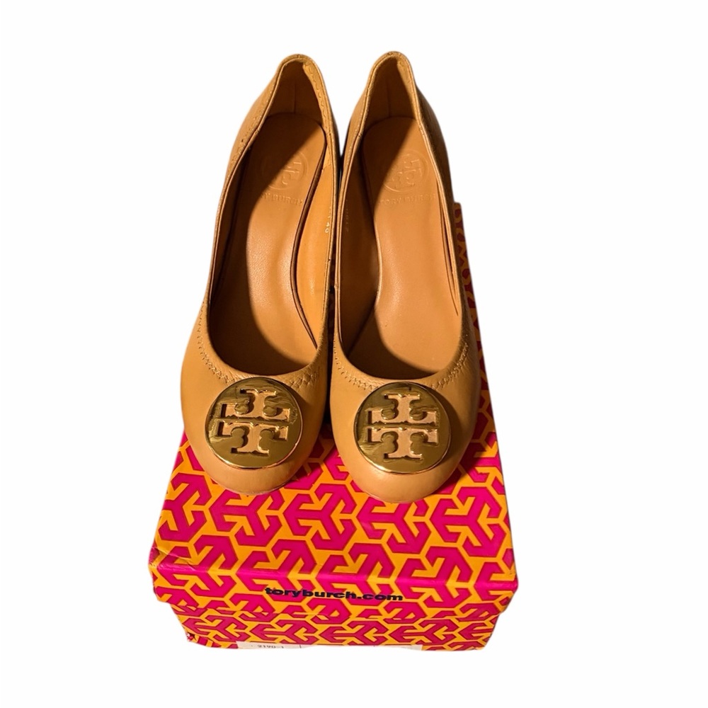 Tory Burch Camel with Gold Logo Wedges